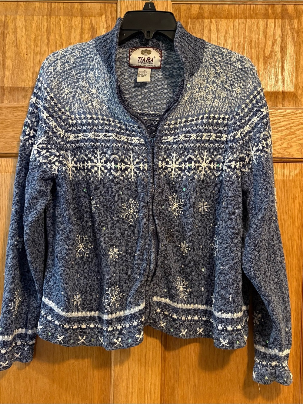 Y2K Tiara International Womens Cardigan XL Blue Fair Isle Beaded Christmas Zip